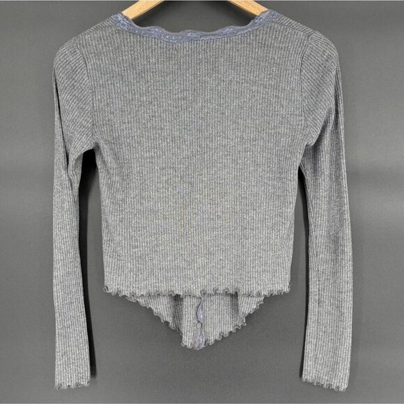 Urban Outfitters Women's Ribbed Lace Trim Shirt XS Gray Y2k Asymmetrical Hem - Picture 2 of 7
